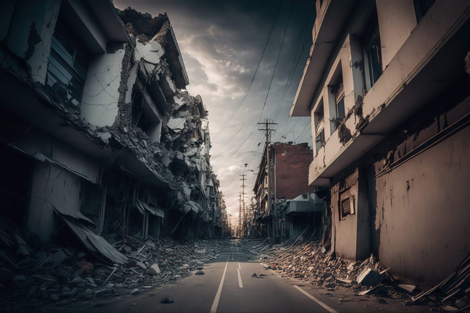 Earthquake disaster, destruction of city, damage and ruins. Generative AI